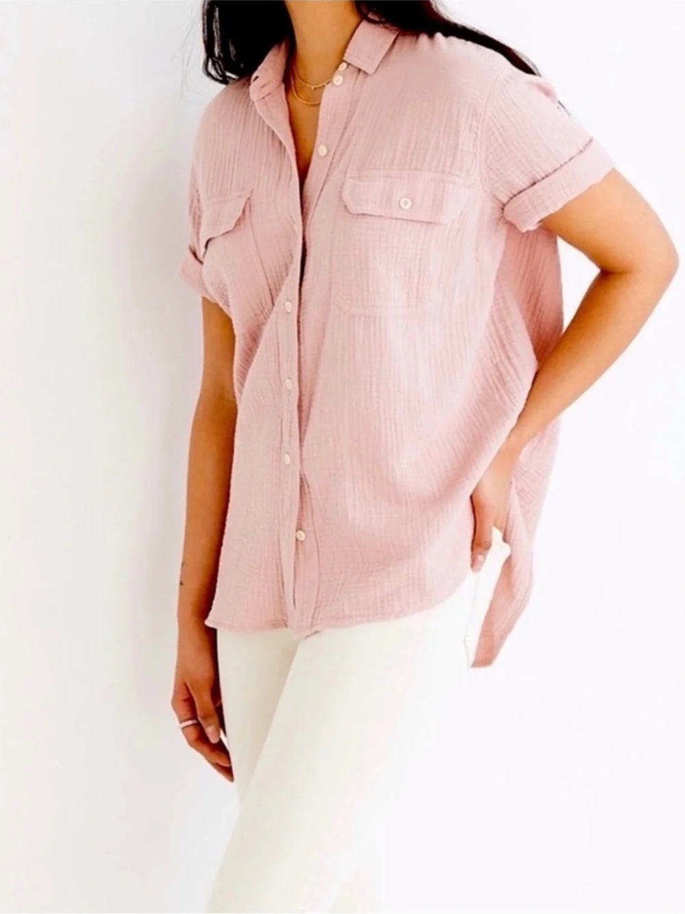 Madewell | Dusty Pink Cotton Gauze Short Sleeve Button Down Shirt, M